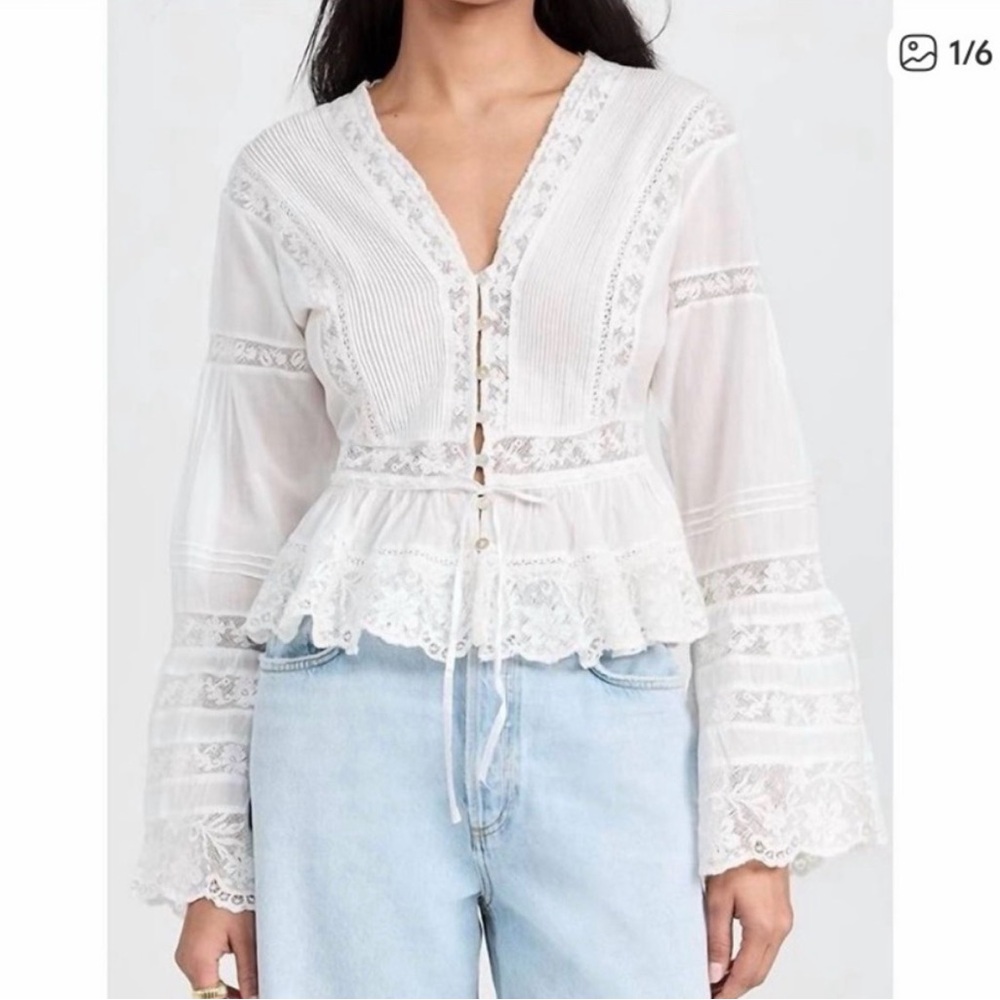 LoveShackFancy White Lace Peplum Button-Front Blouse